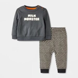 Cat & Jack Baby Milk Monster Sweatshirt Jogger Set Checkered NB‎ Halloween Cute
